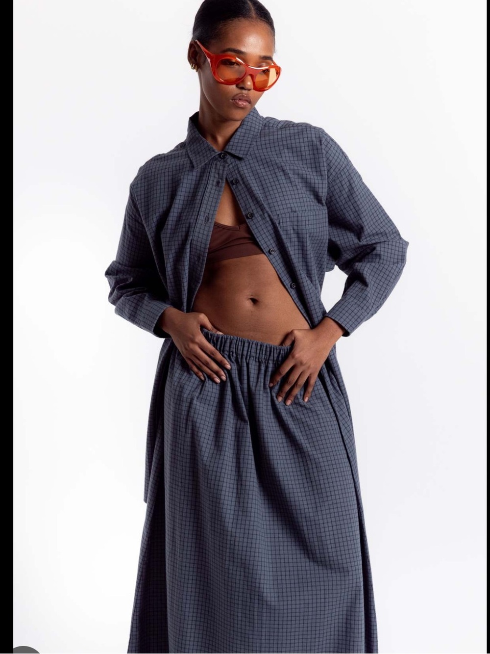 Rita Row Morto Checked Oversized Button-Down Blouse in Slate Blue XS/S